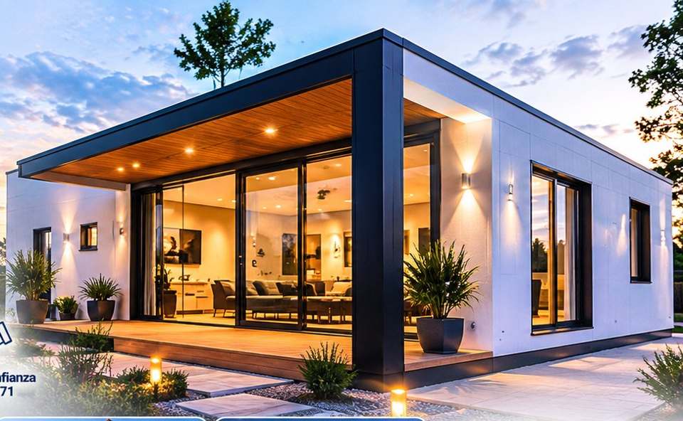 Casa prefabricada moderna con porche iluminado
